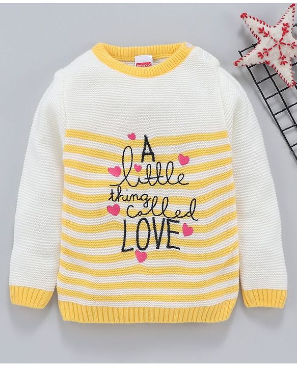 Babyhug Full Sleeves Stripe Sweater Text & Heart Embroidery - White Yellow