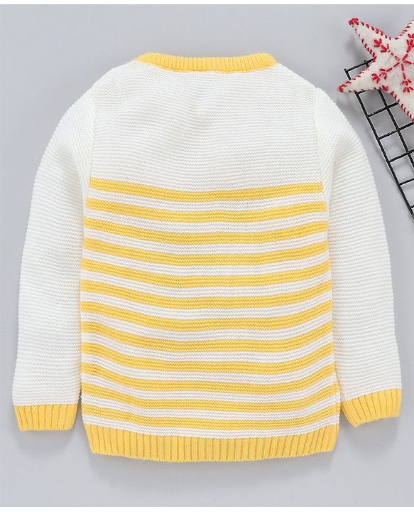 Babyhug Full Sleeves Stripe Sweater Text & Heart Embroidery - White Yellow