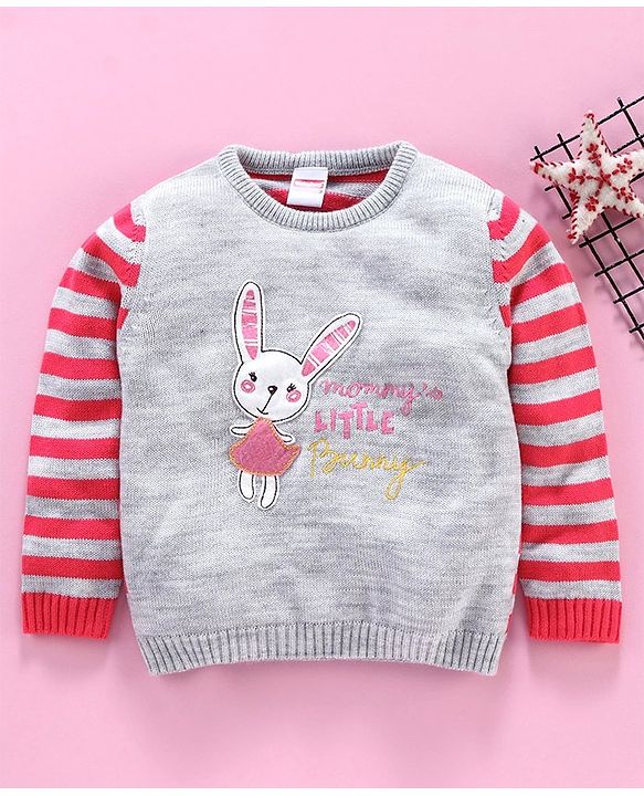 Babyhug Full Sleeves Sweater Bunny Patch - Pink Grey