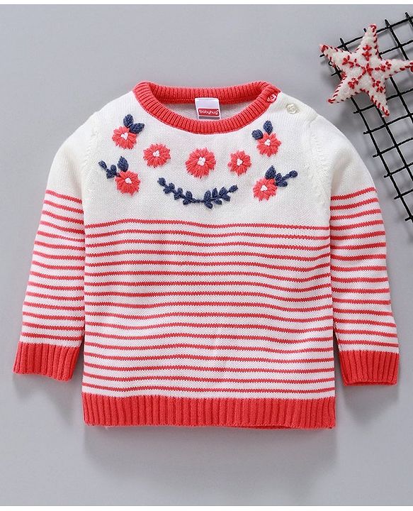 Babyhug Full Sleeves Stripe Sweater Floral Embroidery - Off White Coral