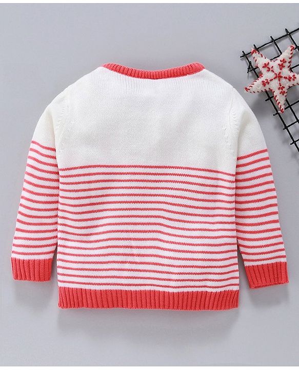 Babyhug Full Sleeves Stripe Sweater Floral Embroidery - Off White Coral