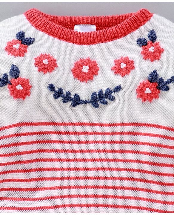 Babyhug Full Sleeves Stripe Sweater Floral Embroidery - Off White Coral