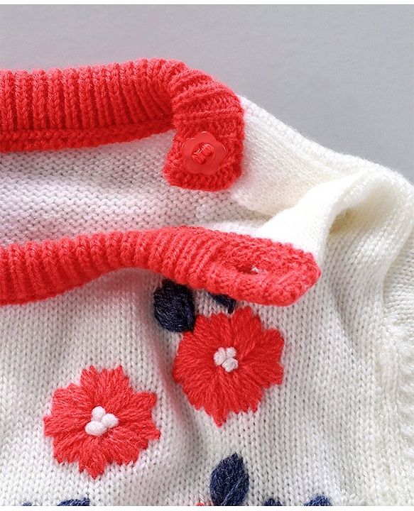 Babyhug Full Sleeves Stripe Sweater Floral Embroidery - Off White Coral