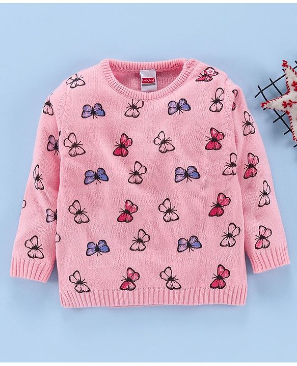 Babyhug Full Sleeves Sweater Butterfly Print - Pink