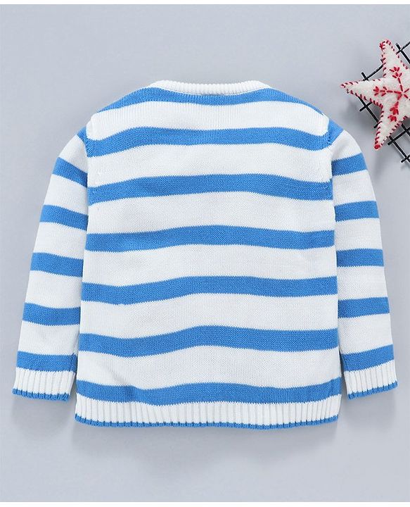 Babyhug Full Sleeves Striped Sweater Sweet Little Things Print - White Blue