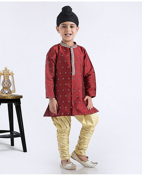 Babyhug Full Sleeves Kurta & Jodhpuri Breaches Abstract Design - Maroon