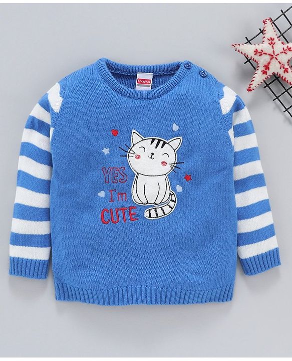 Babyhug Full Sleeves Sweater Kitty Embroidered - Blue