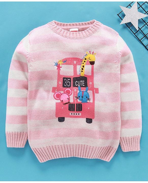 Babyhug Full Sleeves Striped Sweater Animal Patch - Pink