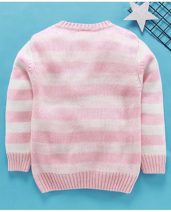 Babyhug Full Sleeves Striped Sweater Animal Patch - Pink