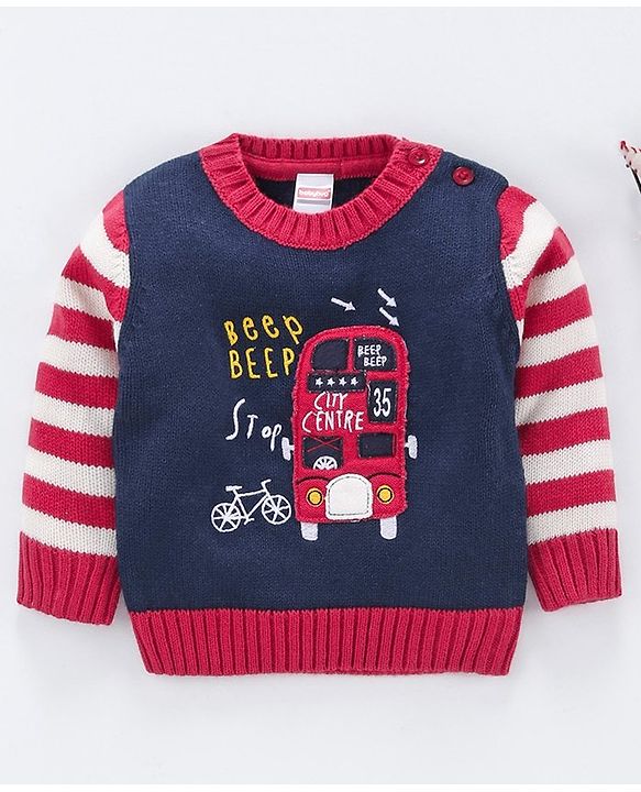 Babyhug Full Sleeves Sweater Bus Embroidery - Navy Blue