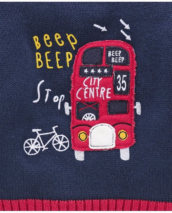 Babyhug Full Sleeves Sweater Bus Embroidery - Navy Blue