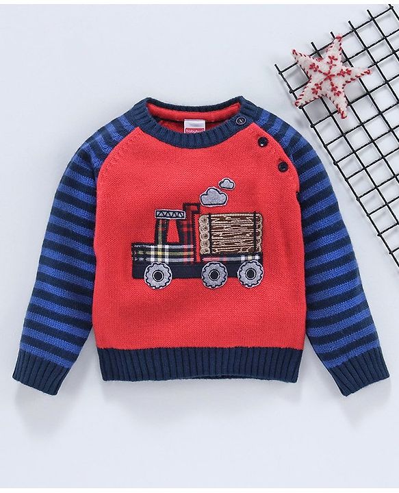 Babyhug Full Sleeves Sweater Truck Patch - Red Blue