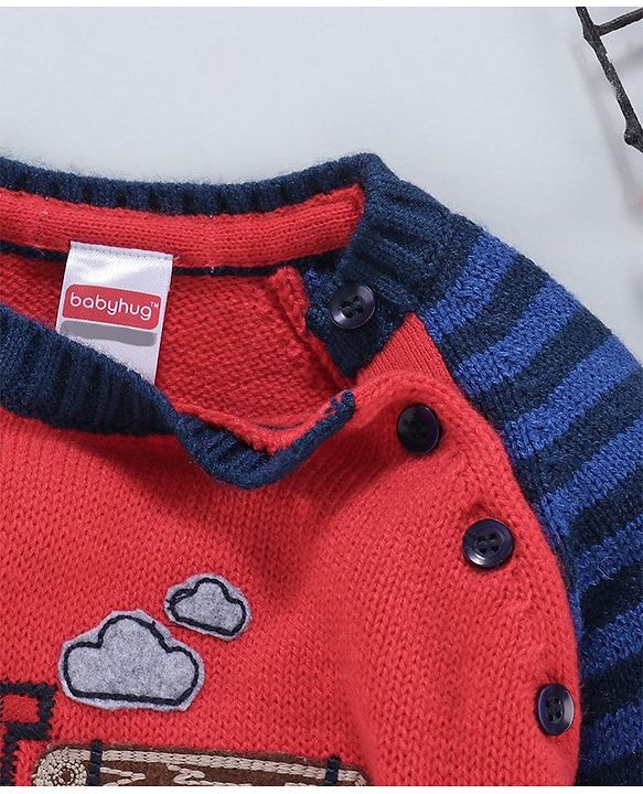 Babyhug Full Sleeves Sweater Truck Patch - Red Blue