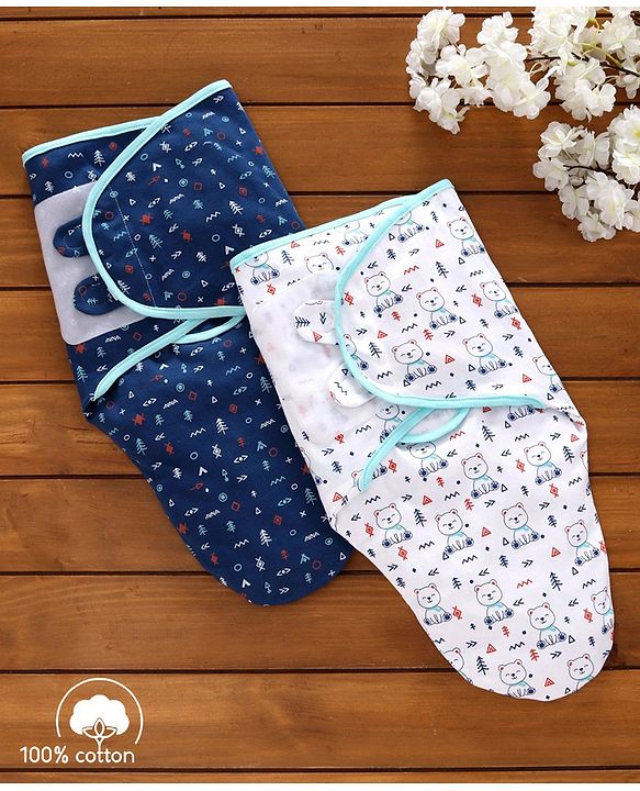 Babyhug 100% Cotton Swaddle Wrapper Printed Set of 2 - White & Blue