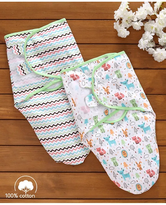 Babyhug 100 Cotton Swaddle Wrapper Printed Set of 2 White Green