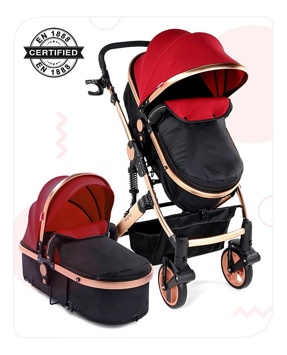 Babyhug Majestic Stroller Cum Carry Cot With Canopy - Red