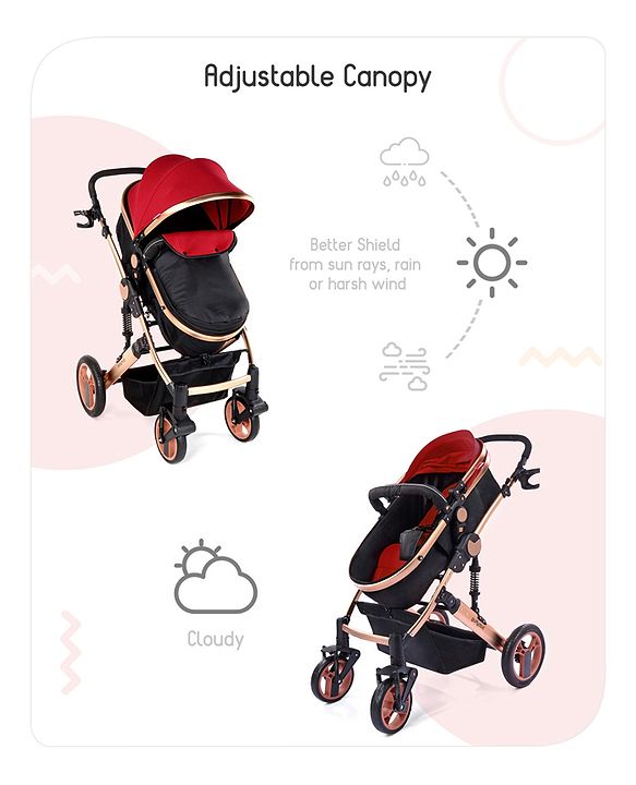 Babyhug Majestic Stroller Cum Carry Cot With Canopy - Red
