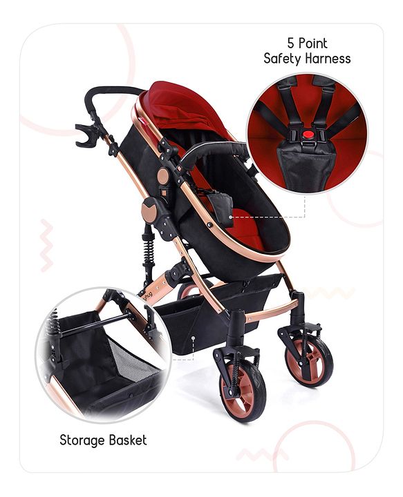 Babyhug Majestic Stroller Cum Carry Cot With Canopy - Red