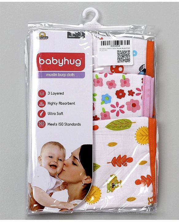 Babyhug 100% Cotton Muslin Burp Cloth Pack Of 3 - Mulitcolor