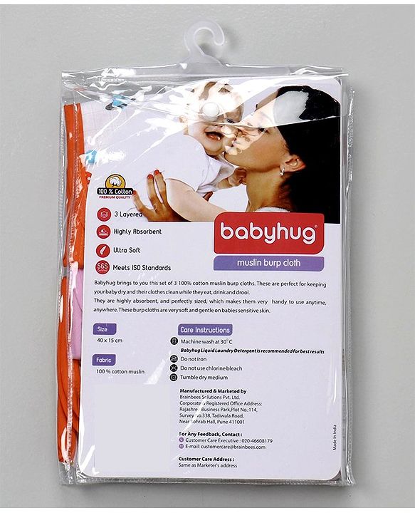 Babyhug 100% Cotton Muslin Burp Cloth Pack Of 3 - Mulitcolor