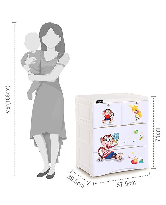 Babyhug  Compartment Chest of Drawers Monkey Print - White
