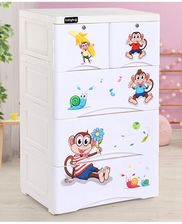 Babyhug 5 Compartment Chest of Drawers Monkey Print - White