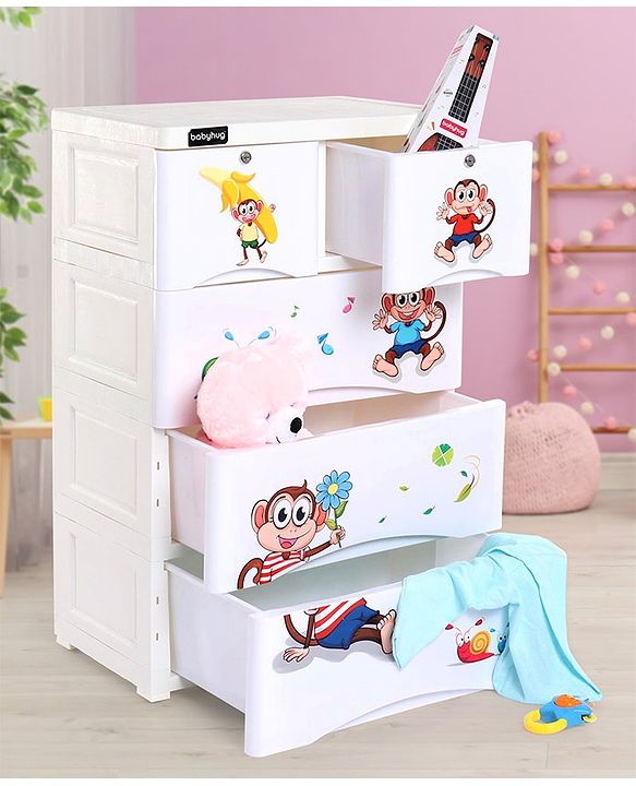 Babyhug 5 Compartment Chest of Drawers Monkey Print - White