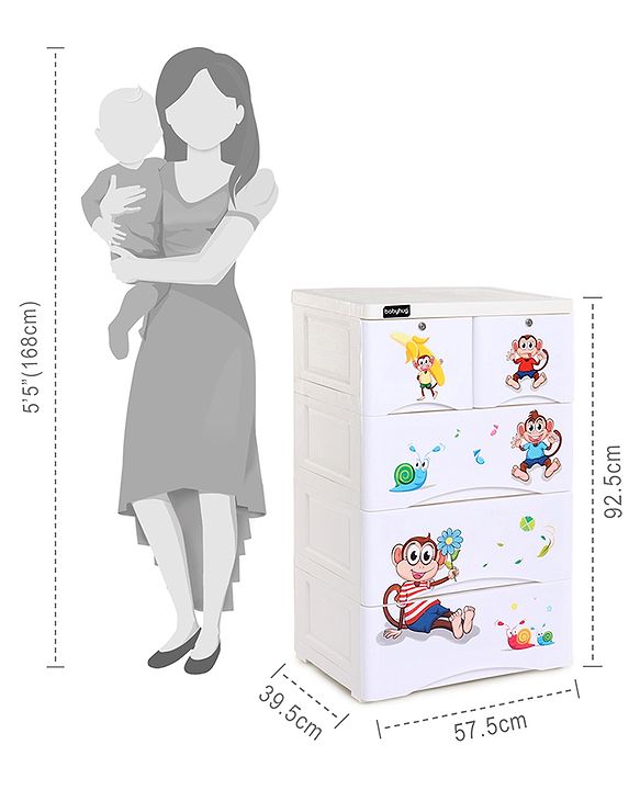 Babyhug 5 Compartment Chest of Drawers Monkey Print - White