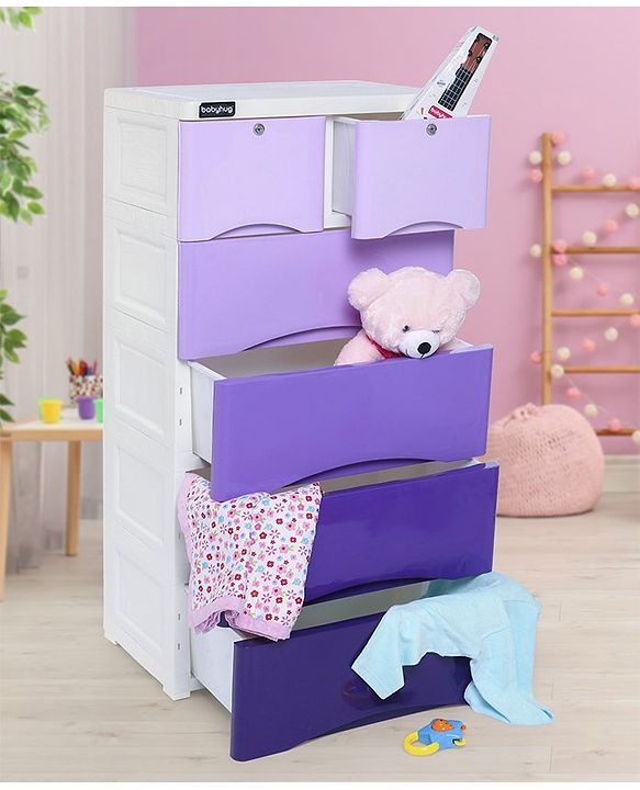 Babyhug 6 Compartment Chest of Drawers with Wheels - Purple White
