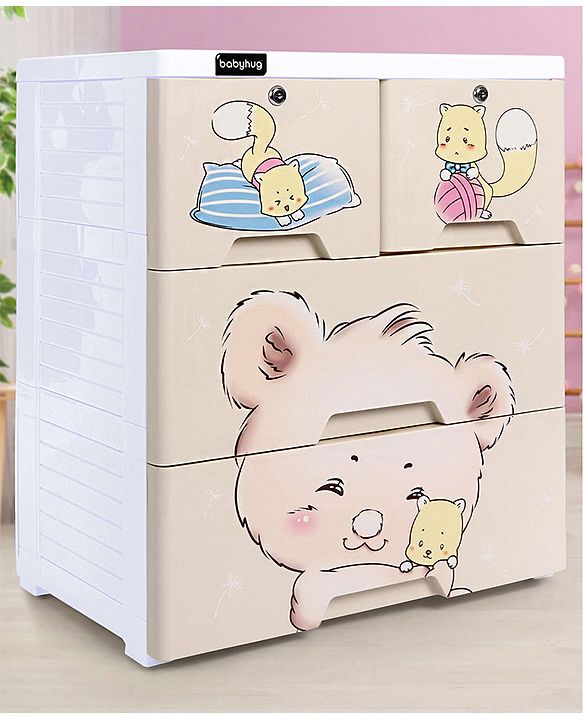Babyhug 3 Layers High Density Plastic Storage Cabinet Teddy Print With Wheels - White