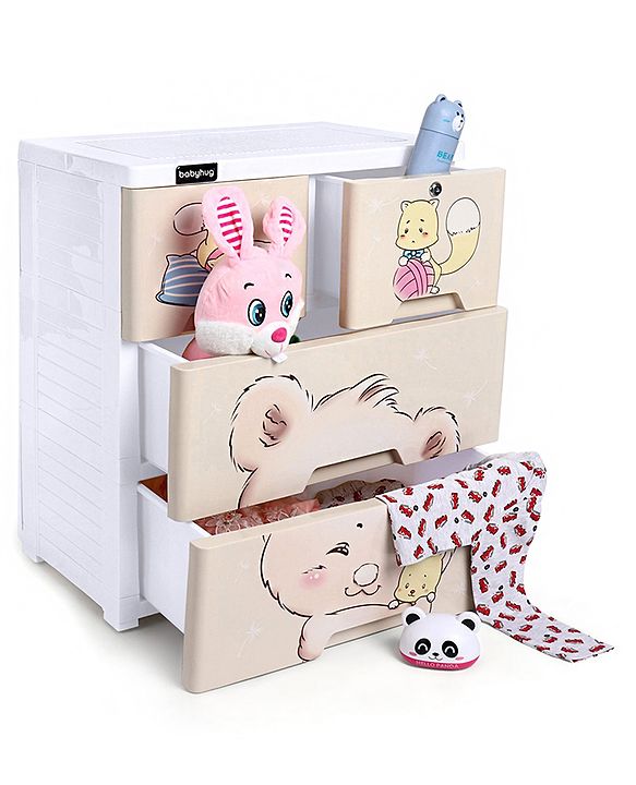 Babyhug 3 Layers High Density Plastic Storage Cabinet Teddy Print With Wheels - White