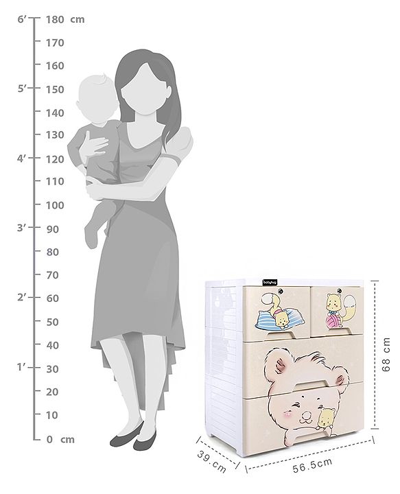 Babyhug 3 Layers High Density Plastic Storage Cabinet Teddy Print With Wheels - White