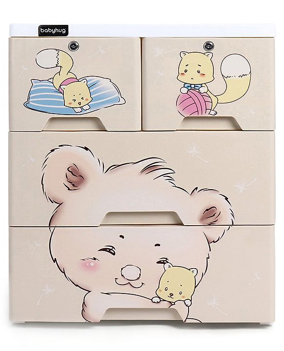 Babyhug 3 Layers High Density Plastic Storage Cabinet Teddy Print With Wheels - White