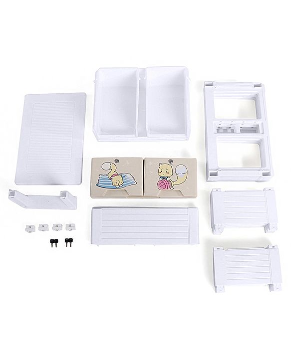 Babyhug 3 Layers High Density Plastic Storage Cabinet Teddy Print With Wheels - White
