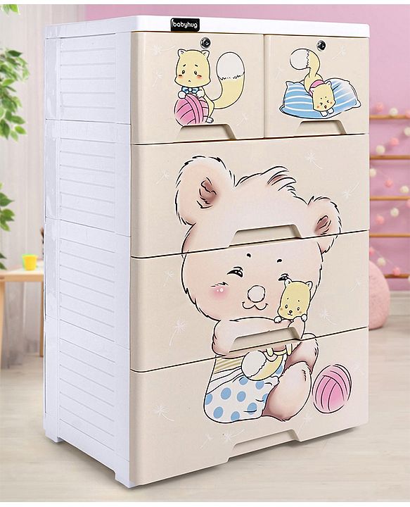 Babyhug 4 Layers High Density Plastic Storage Cabinet Teddy Print With Wheels - White