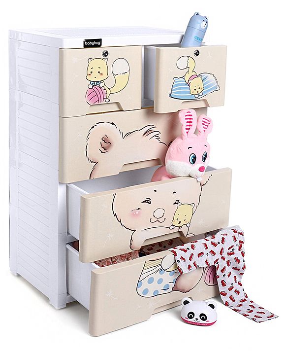 Babyhug 4 Layers High Density Plastic Storage Cabinet Teddy Print With Wheels - White