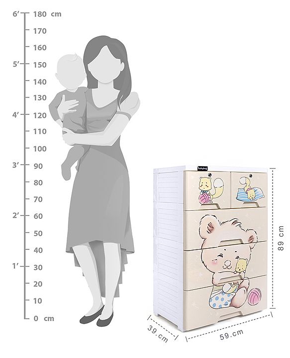 Babyhug 4 Layers High Density Plastic Storage Cabinet Teddy Print With Wheels - White