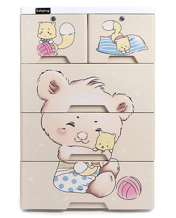 Babyhug 4 Layers High Density Plastic Storage Cabinet Teddy Print With Wheels - White