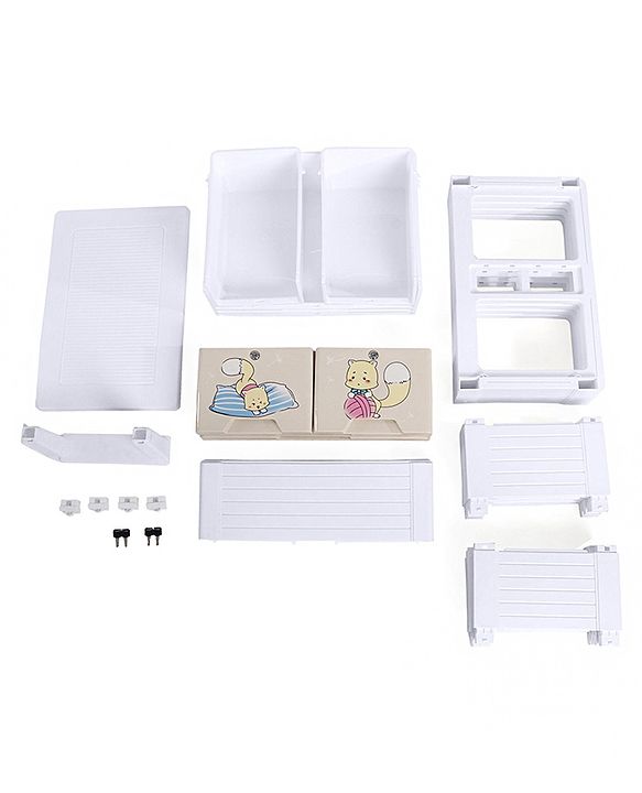 Babyhug 4 Layers High Density Plastic Storage Cabinet Teddy Print With Wheels - White