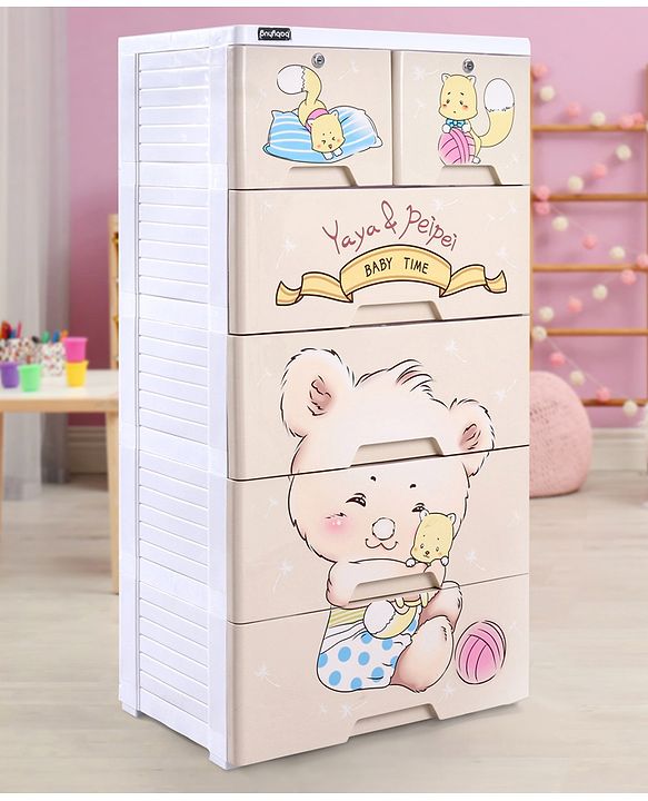 Babyhug 5 Layers High Density Plastic Storage Cabinet Teddy Print With Wheels - White