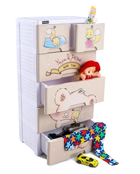 Babyhug 5 Layers High Density Plastic Storage Cabinet Teddy Print With Wheels - White