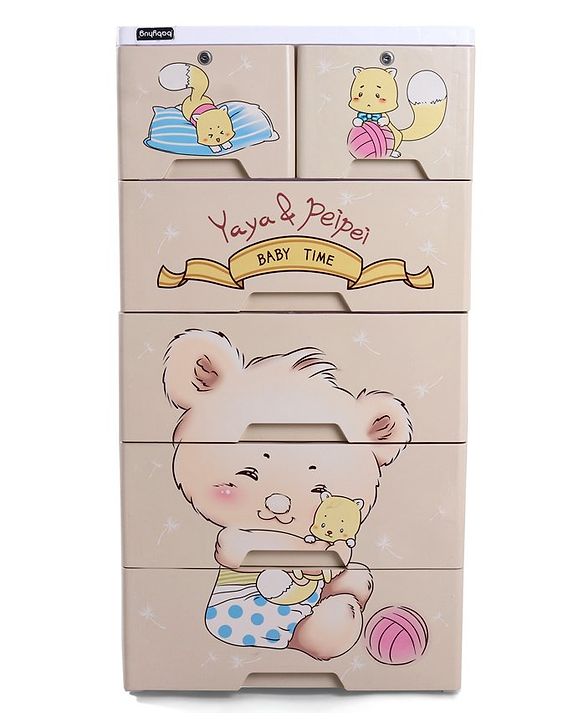 Babyhug 5 Layers High Density Plastic Storage Cabinet Teddy Print With Wheels - White