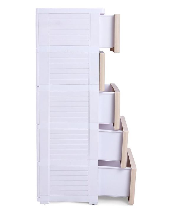 Babyhug 5 Layers High Density Plastic Storage Cabinet Teddy Print With Wheels - White