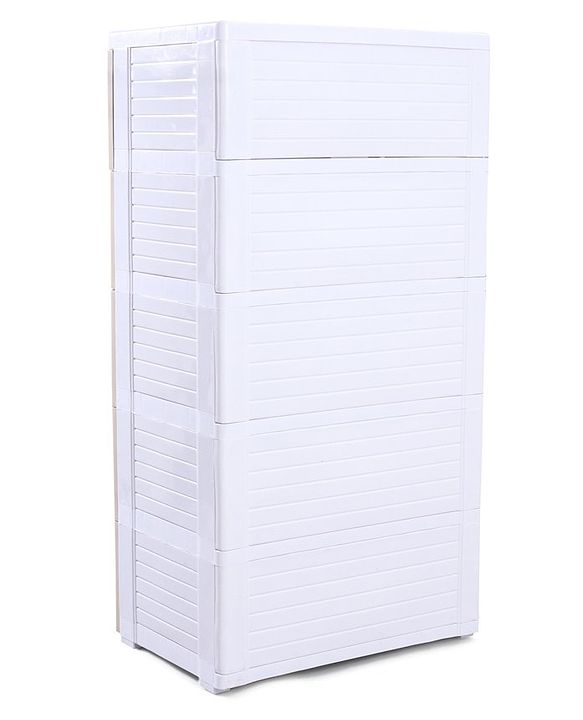 Babyhug 5 Layers High Density Plastic Storage Cabinet Teddy Print With Wheels - White