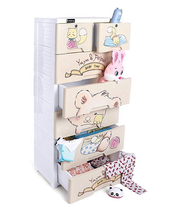 Babyhug 6 Layers High Density Plastic Storage Cabinet Teddy Print With Wheels - White