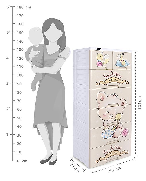Babyhug 6 Layers High Density Plastic Storage Cabinet Teddy Print With Wheels - White