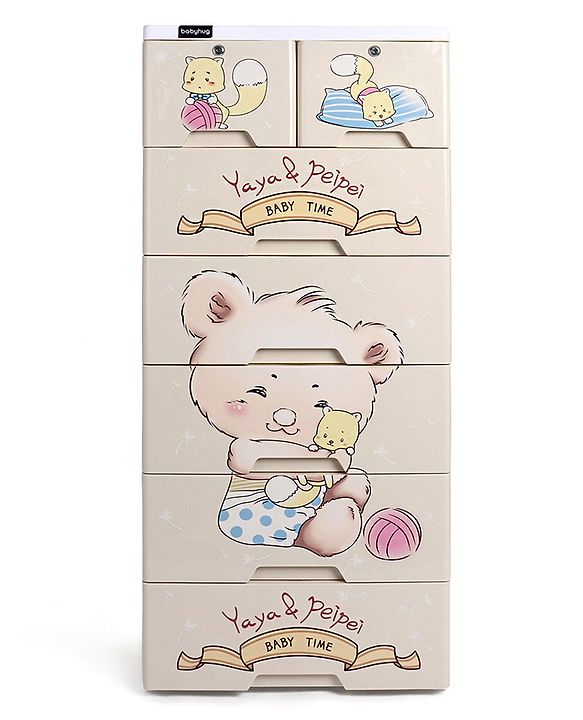 Babyhug 6 Layers High Density Plastic Storage Cabinet Teddy Print With Wheels - White