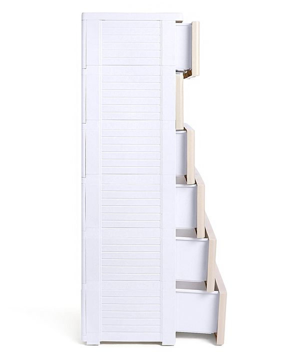 Babyhug 6 Layers High Density Plastic Storage Cabinet Teddy Print With Wheels - White