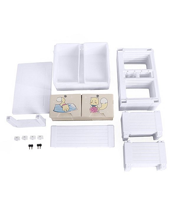 Babyhug 6 Layers High Density Plastic Storage Cabinet Teddy Print With Wheels - White