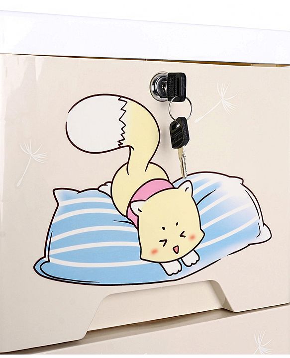 Babyhug 6 Layers High Density Plastic Storage Cabinet Teddy Print With Wheels - White